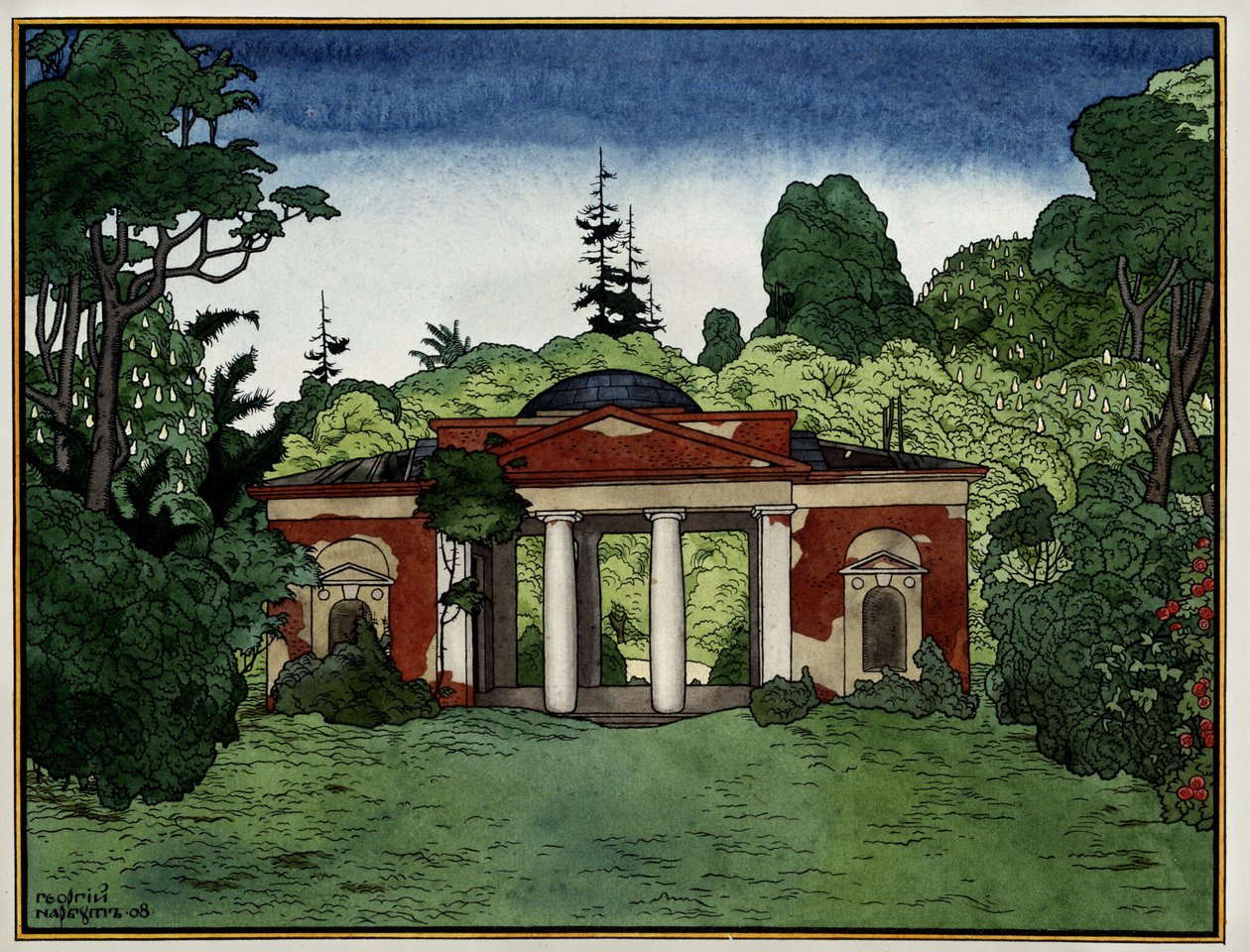 Egy pavilon a Tsaritsino területén (Moszkva, Oroszország) (Pavillon a Tsaritsino Parkban). Georgi Ivanovics Narbut (1886-1920) munkája, tus és akvarell papíron alkotó: Georgy Narbut