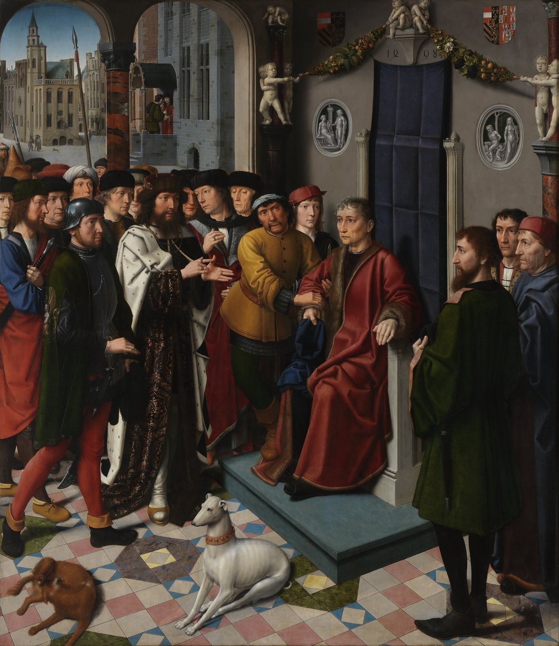 Igazságügyi diptikum a brugge -i városháza tanácstermében. 1. panel - Sisamnes korrupt bíró elfogása alkotó: Gerard David
