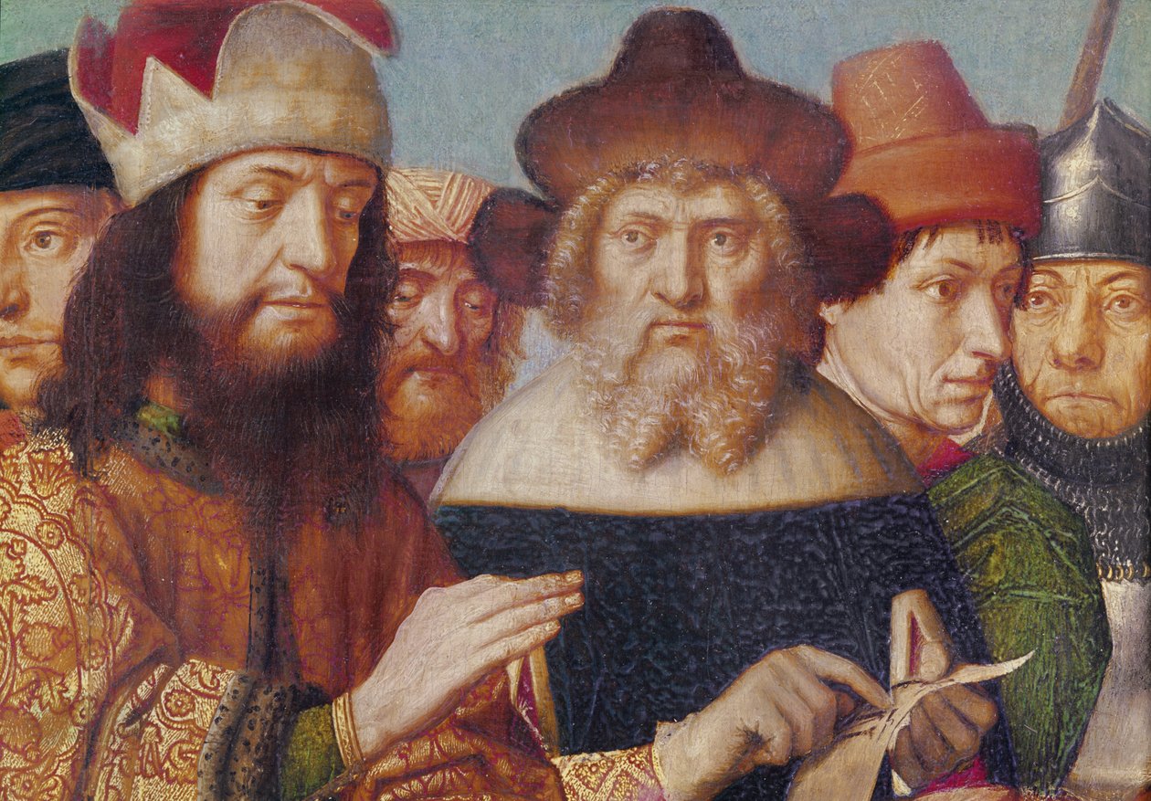 Triptichon a keresztre feszítésről, bal oldali panel: 1480 körül, olaj, tábla: zsidó bírák, római katonák, a fejek részlete, 1480 körül, olaj, tábla. alkotó: Gerard David