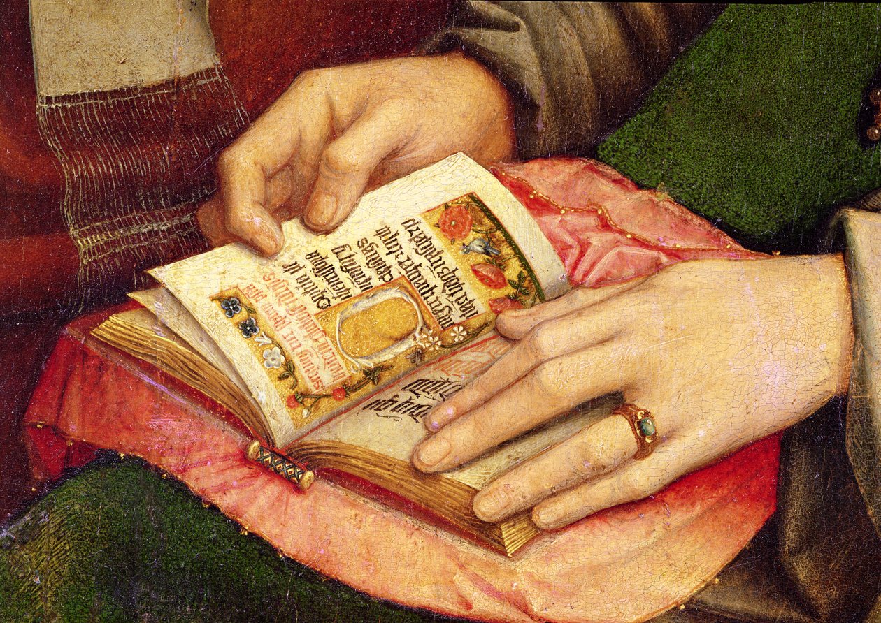 Szűz és gyermek a szentekkel, egy nyitott könyv részlete, 1509 körül alkotó: Gerard David