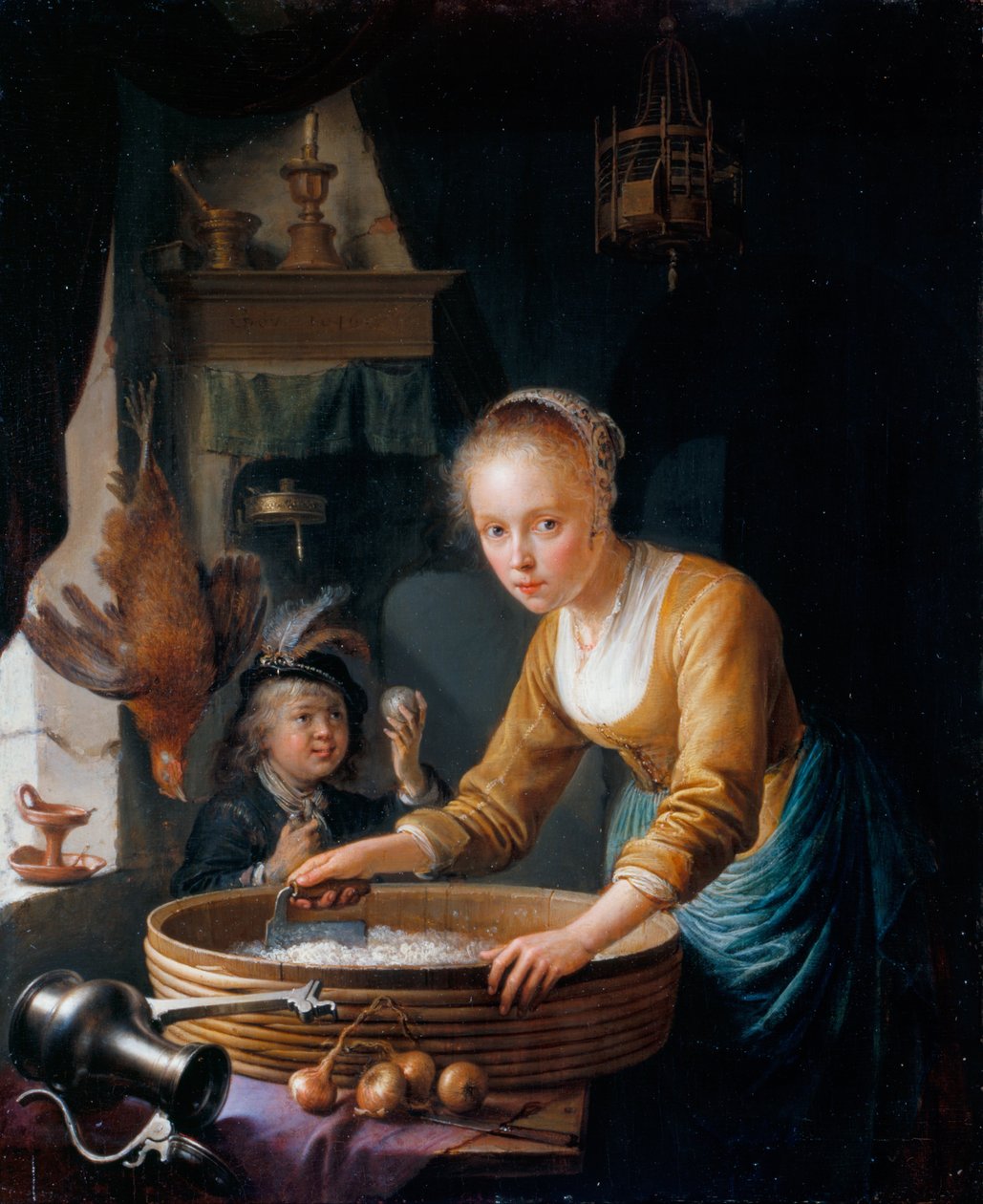Lány hagymát aprít alkotó: Gerrit Dou