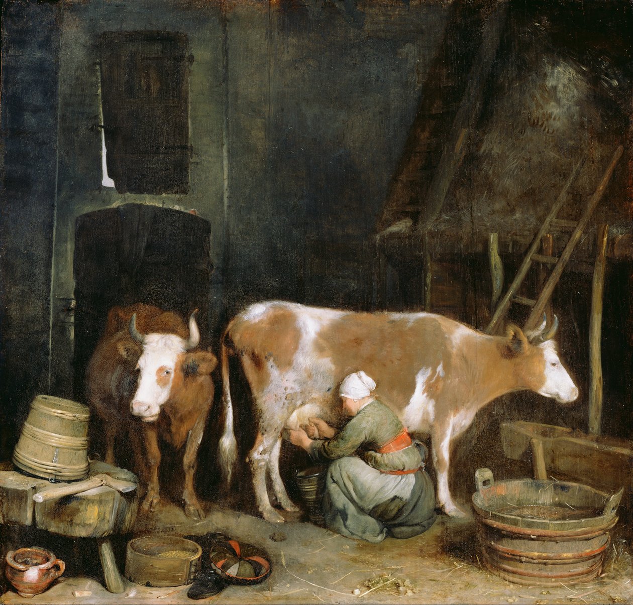 Egy cseléd, aki tehenet fej egy istállóban alkotó: Gerard ter Borch