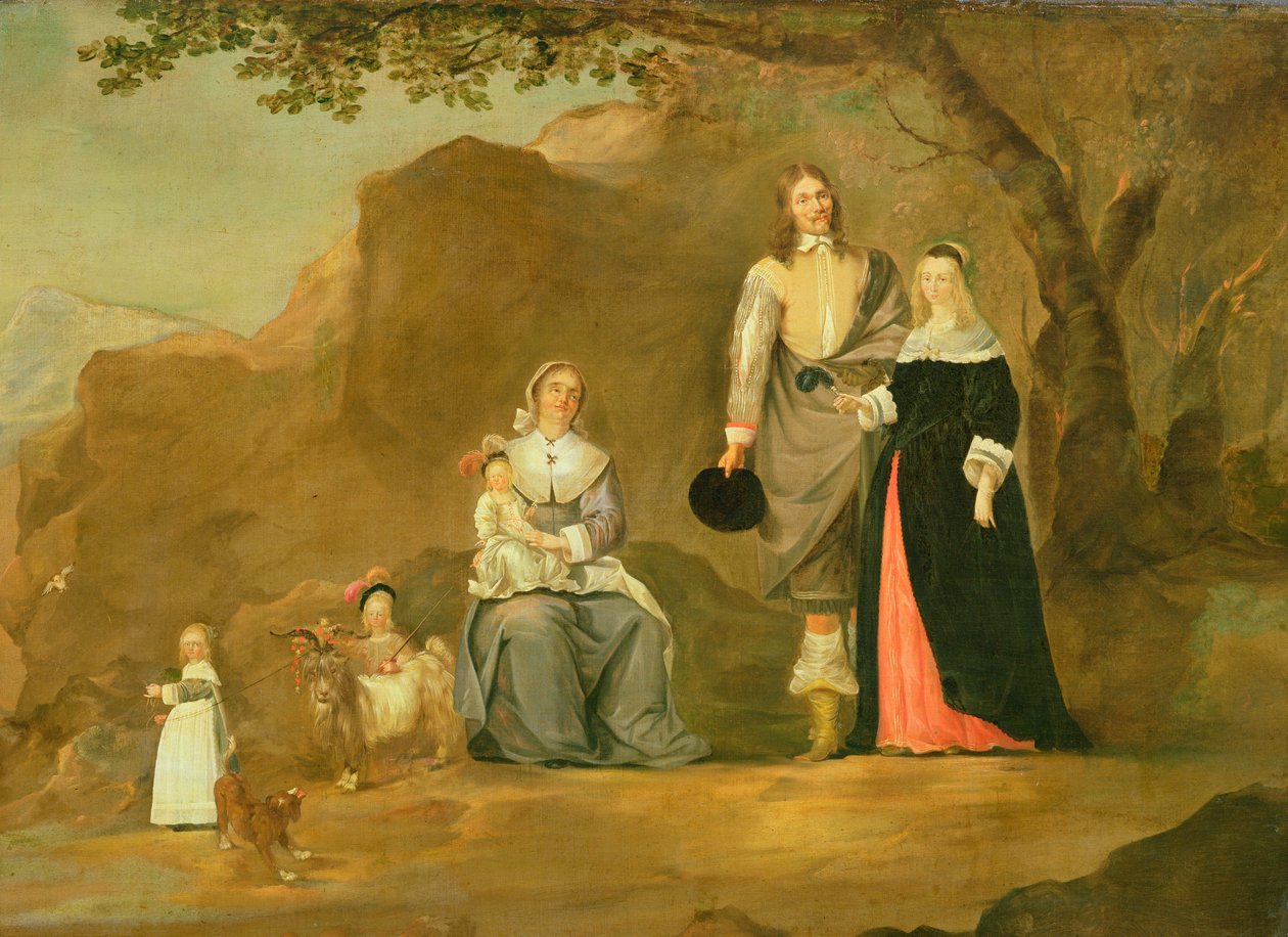 Családi csoport kutyával és kecskével a hegyvidéki tájon alkotó: Gerard ter Borch