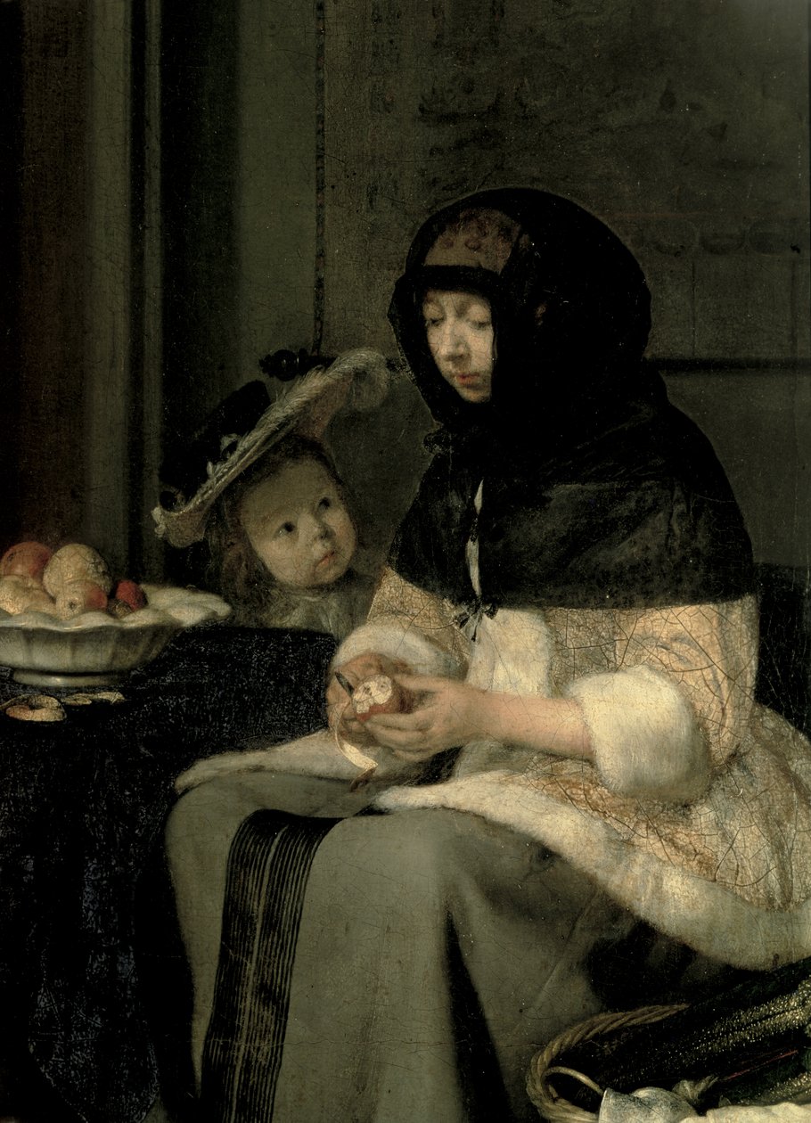 Az Apple Peeler, 1660 (13129 részlet) (olaj, vászon a panelen) alkotó: Gerard ter Borch