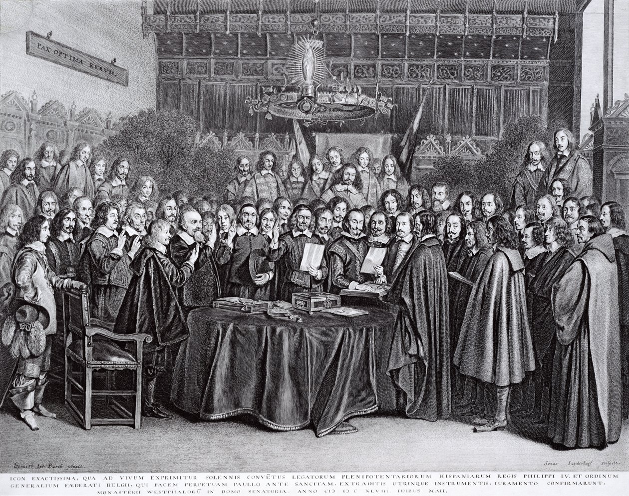 A vesztfáliai szerződés ratifikációs eskütétele Munsterben, 1648. október 24. (kőnyomat) alkotó: Gerard ter Borch