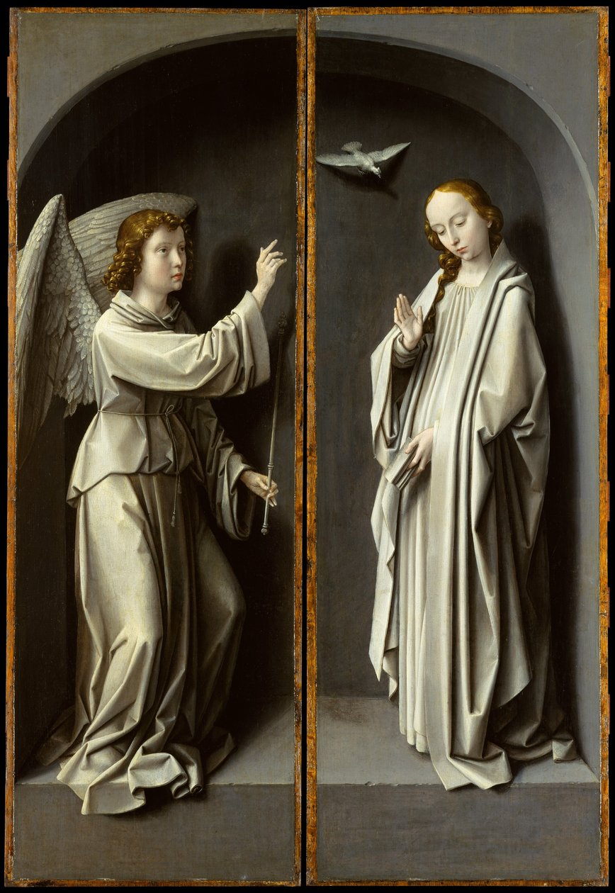 Gábriel arkangyal; A Szűz Angyali üdvözlet, 1510 körül (olaj, tölgyfa panel) alkotó: Gerard David