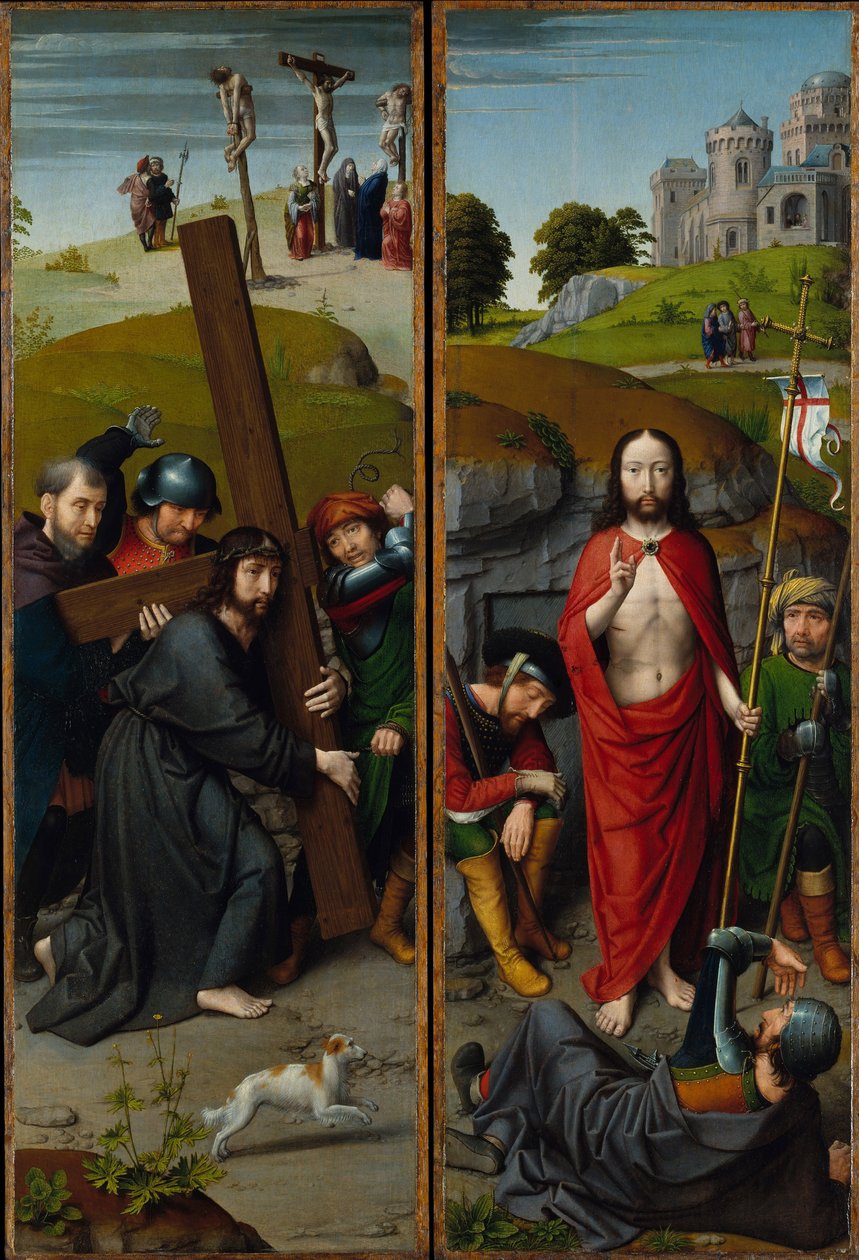A keresztet hordozó Krisztus a keresztre feszítéssel; A feltámadás, az emmausi zarándokokkal, 1510 körül (olaj, tölgyfa tábla) alkotó: Gerard David