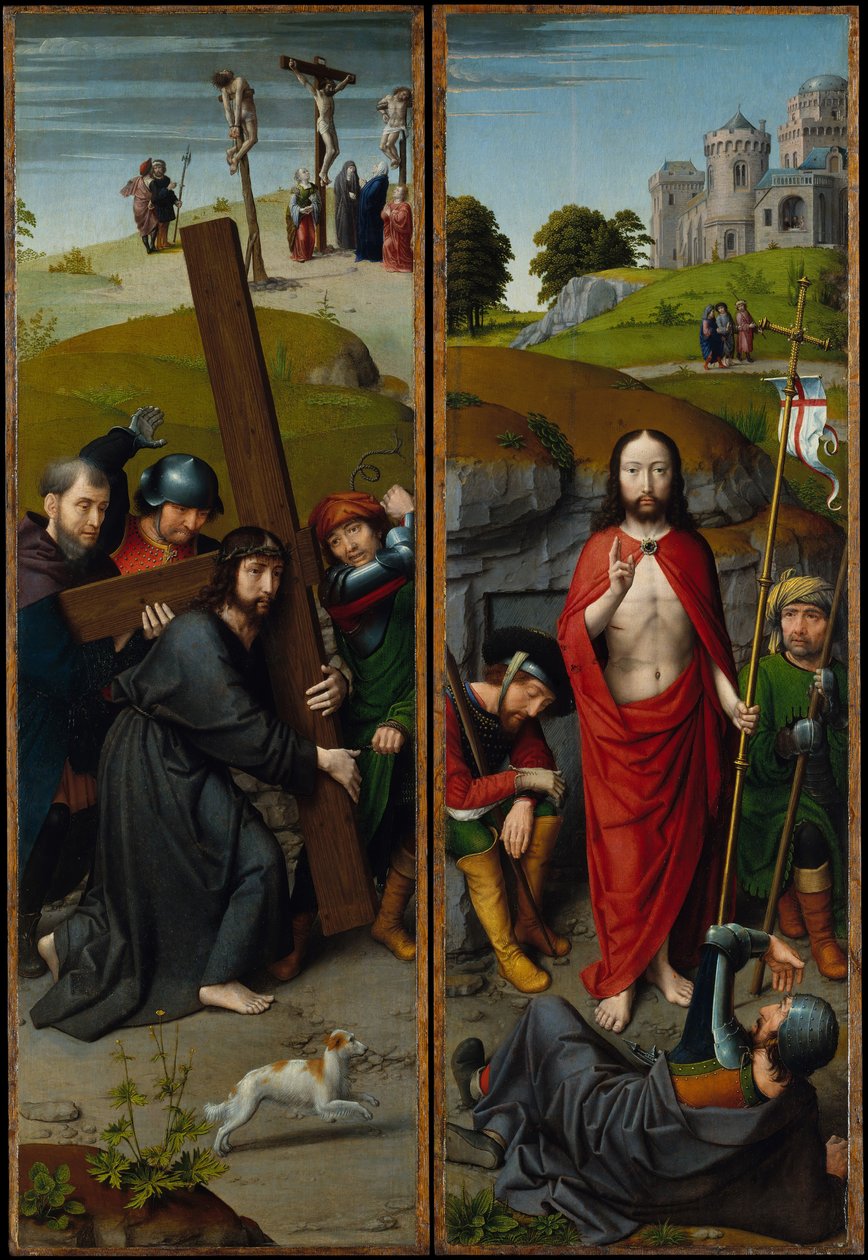 A keresztet hordozó Krisztus, a keresztre feszítéssel, a feltámadással, a zarándokokkal..., kb. 1510. alkotó: Gerard David