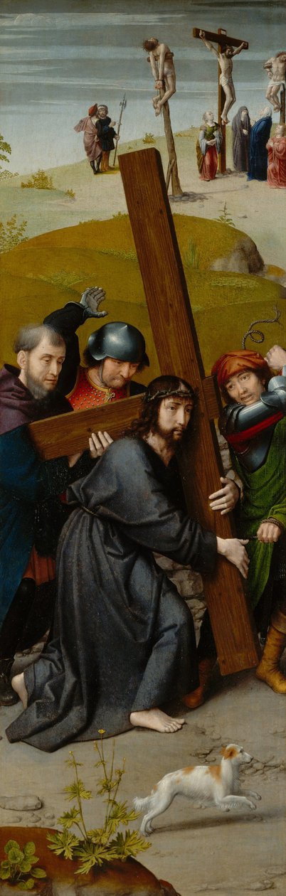 A keresztet hordozó Krisztus, a keresztre feszítéssel, 1510 körül (olaj, tölgyfa tábla) alkotó: Gerard David