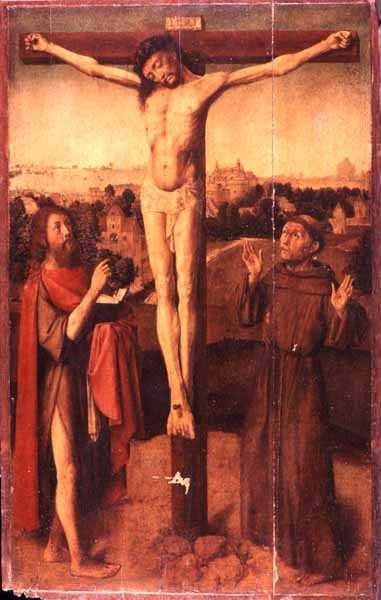 Krisztus a kereszten Szent János és Szent Ferenc között alkotó: Gerard David