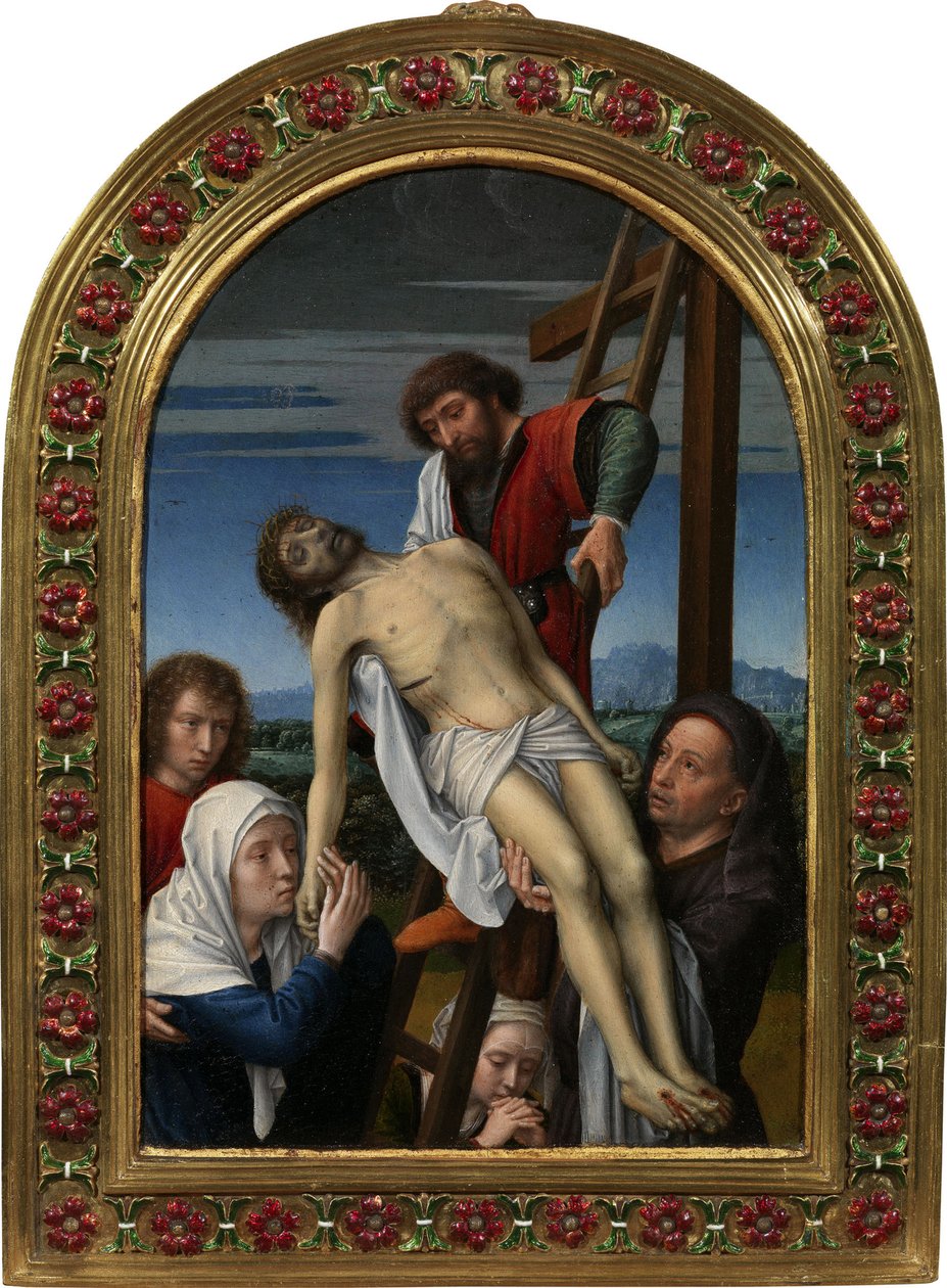 A keresztről való leszállás (Arimatheai József, Nikodémus, János apostol, Mária Magdolna, A Szűz és a halott Krisztus) – David, Gerard (kb. 1460-1523) A keresztről való leszállás. Olaj, fa, méret: 20x14, 1500 után, Galleria degli Uffizi, Firenze alkotó: Gerard David