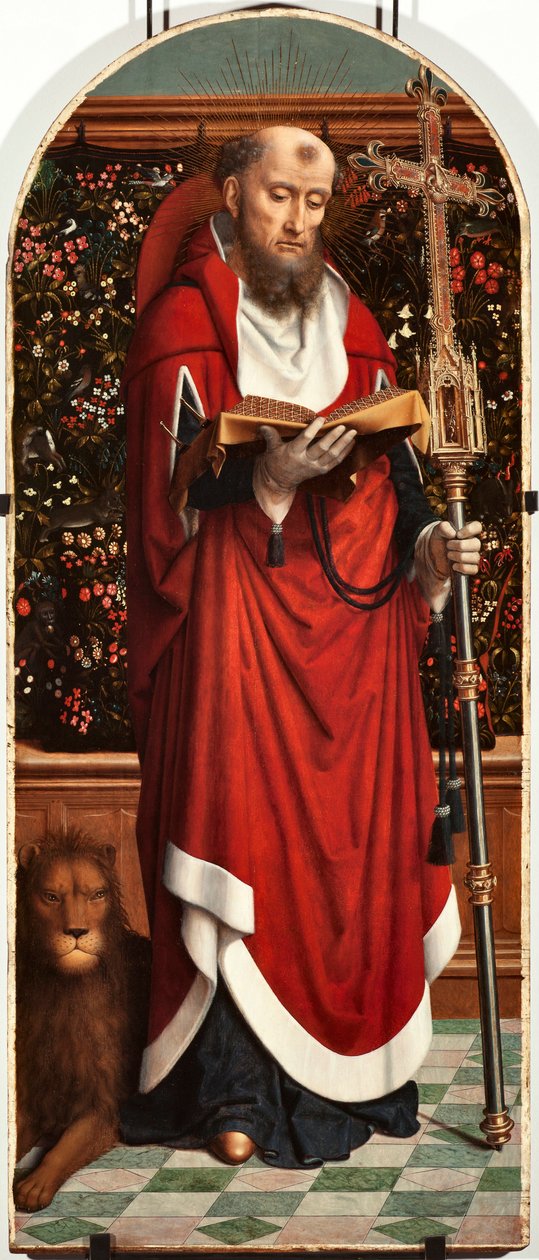 Szent Jeromos poliptichon tábla a San Gerolamo della Cervara templomból - Gerard David festménye (kb. 1460-1523) 1506 Méret 65x150 cm Genes Musei di Strada Nuova (ex Palazzo Bianco) Olaszország alkotó: Gerard David