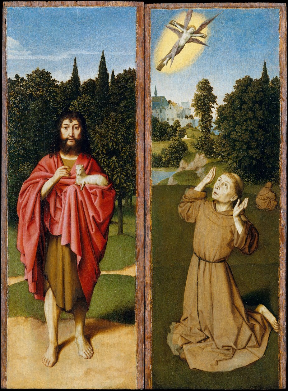 Keresztelő Szent János, Szent Ferenc a Stigmatát fogadó, kb. 1485-90. alkotó: Gerard David