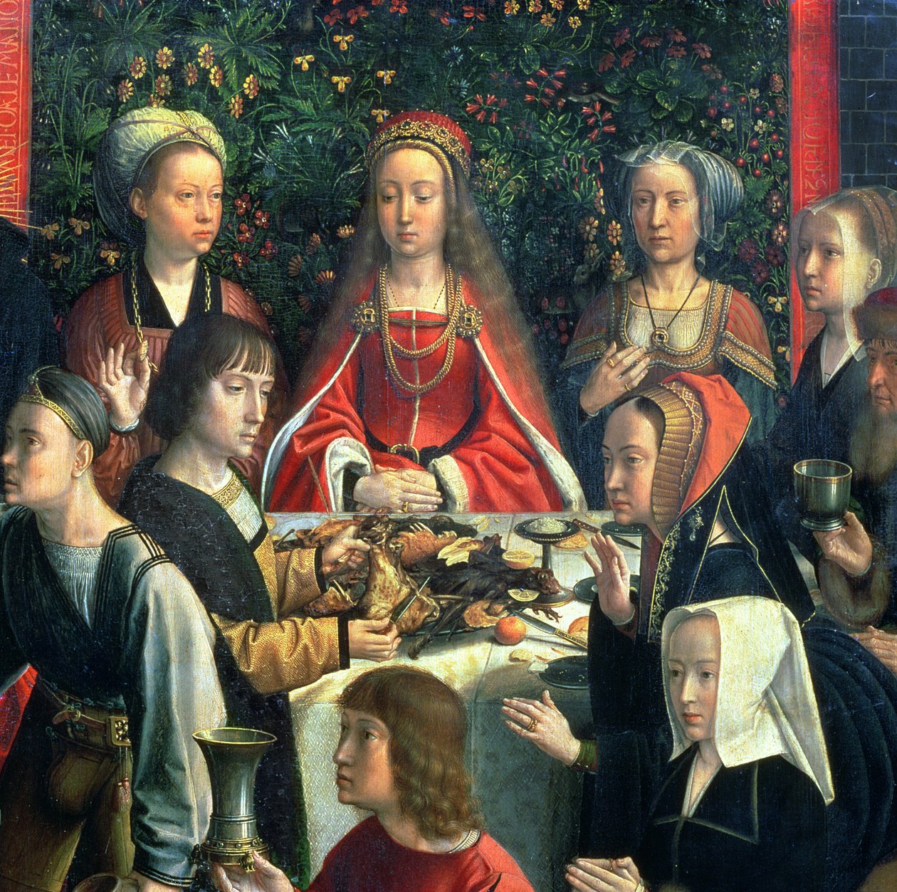 The Marriage at Cana, részlet a menyasszonyról és a környező vendégekről, olajtáblás részlet a 94324-ből alkotó: Gerard David