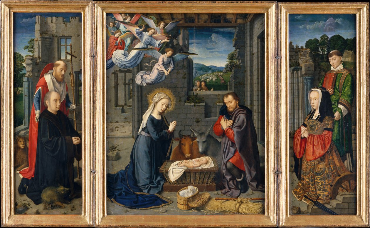 Születés adományozókkal és szentekkel, Jeromos és Leonard, kb. 1510-15. alkotó: Gerard David