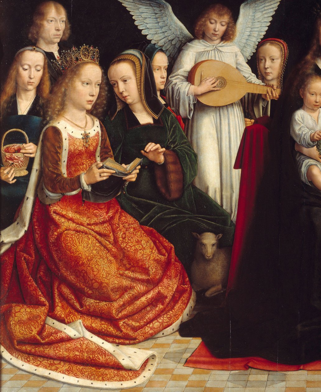 Szűz a szentek között. Saintes részlete: Szent Dorottya, Szent Katalin, Szent Ágnes, Szent Fausta. Gerard David festménye (1460-1523) Ec. Láng. alkotó: Gerard David
