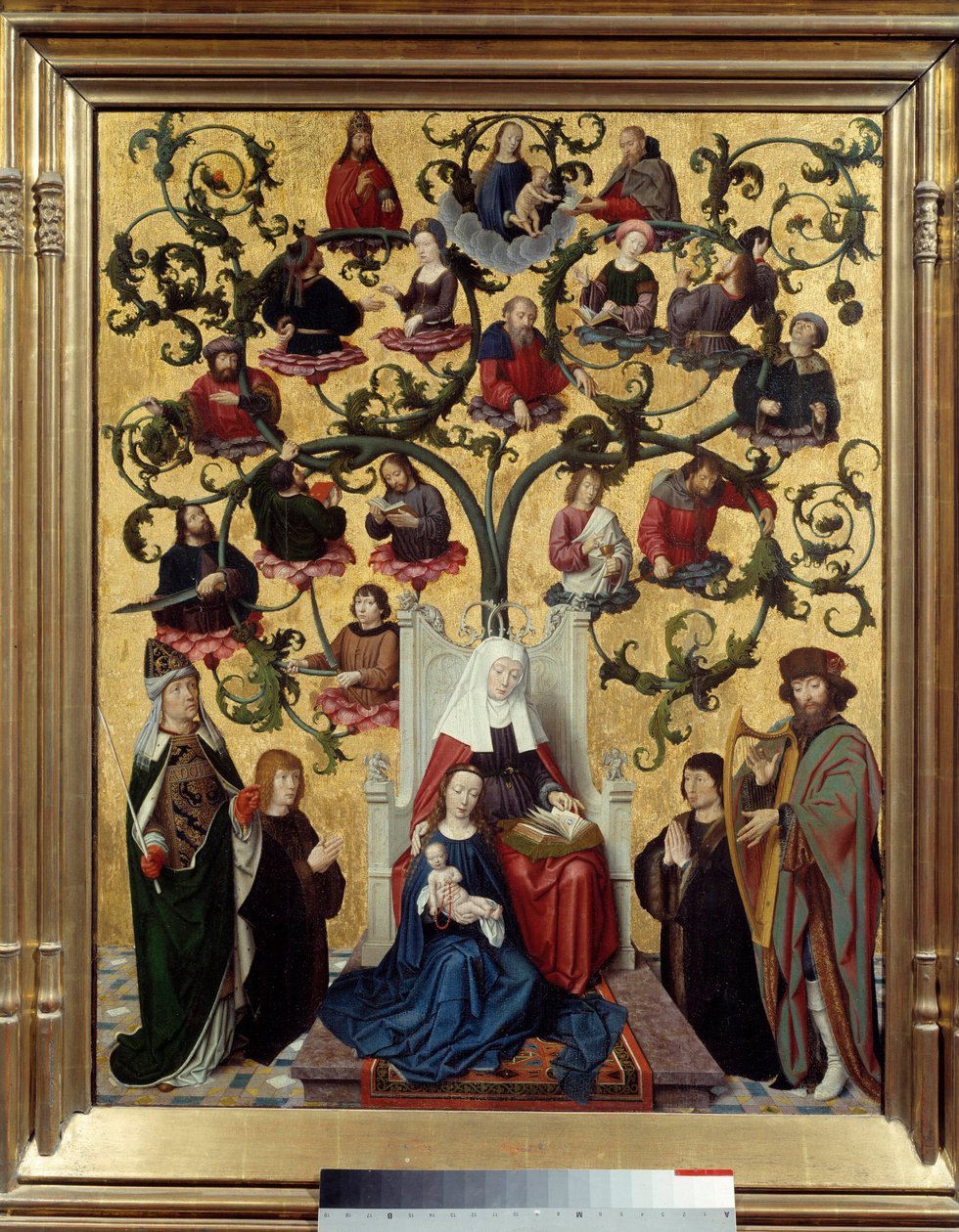 Szent Anna vonala Szent Anna, Mária anyja genealógiai fájának ábrázolása. Gerard David (1460-1523) festménye fára. 1483. V. 0,88 x 0,69 Lyon, Musee des Beaux Arts alkotó: Gerard David