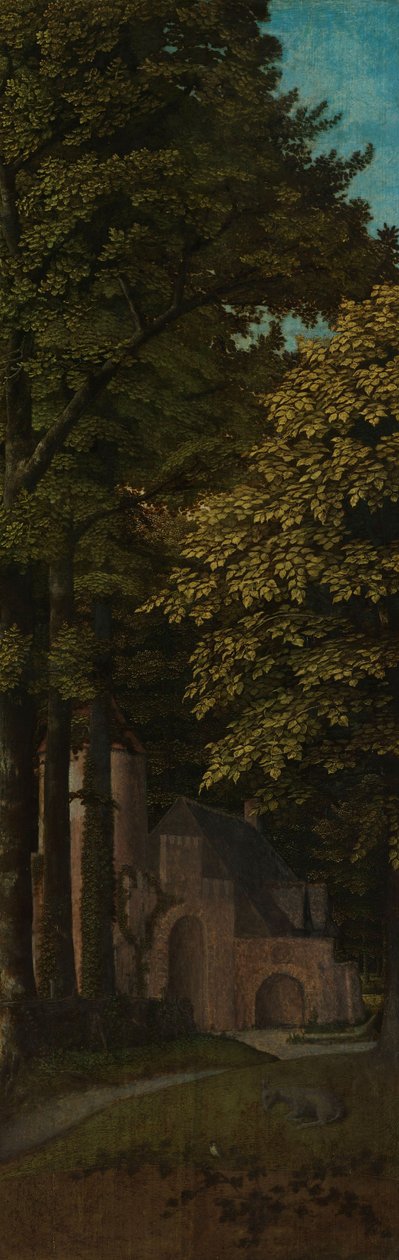 Kilátás az erdőben, egy triptichon bal külső szárnya, 1505-1515 körül alkotó: Gerard David