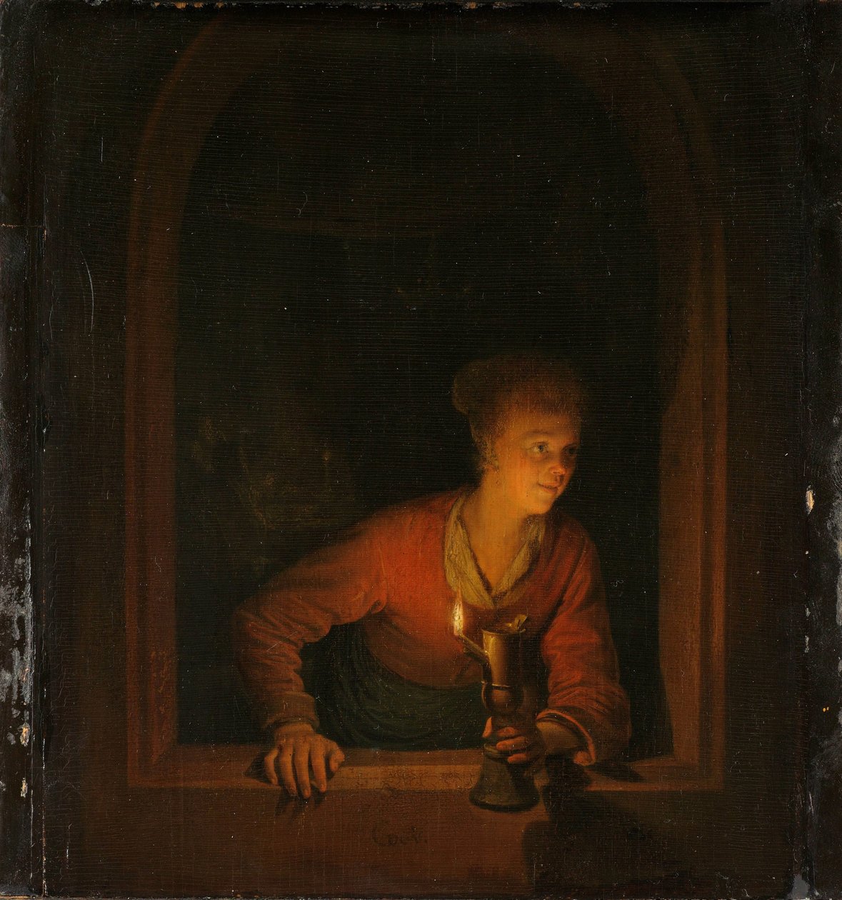 Lány olajlámpával az ablakban alkotó: Gerrit Dou