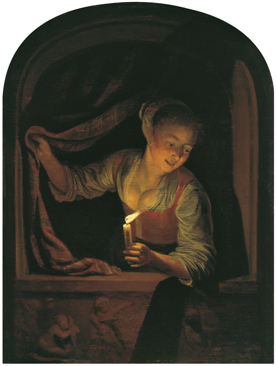 Nő égő gyertyával az ablaknál alkotó: Gerrit Dou