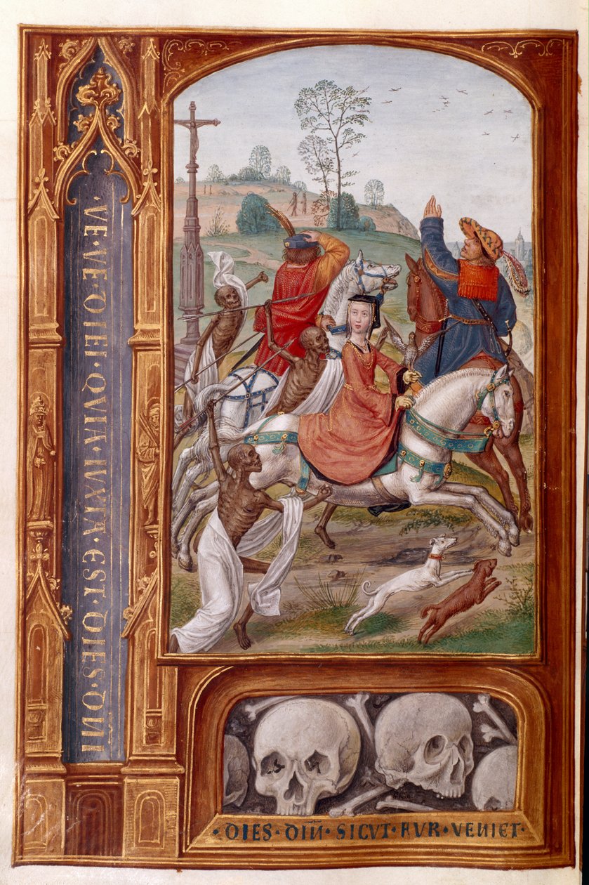 Adja hozzá a 35313 fol.158v csontvázakat, amelyek egy vadászcsapatot támadnak meg, a „Haltak virrasztásaiból”, 1500 körül (vellum) alkotó: Gerard Horenbout