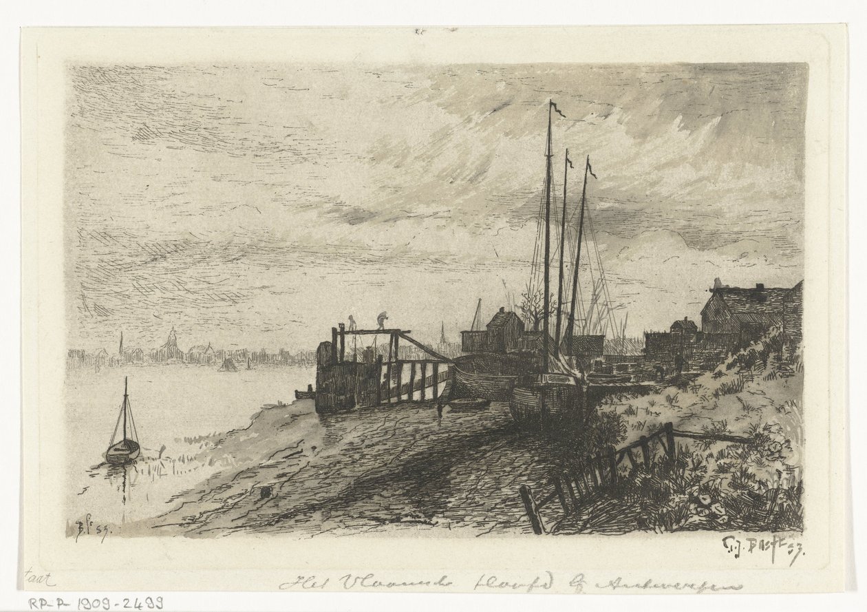 folyóranéző kilátás A flamand fej Antwerpen közelében (cím a tárgyon) alkotó: Gerard Jan Bos (signed by artist)