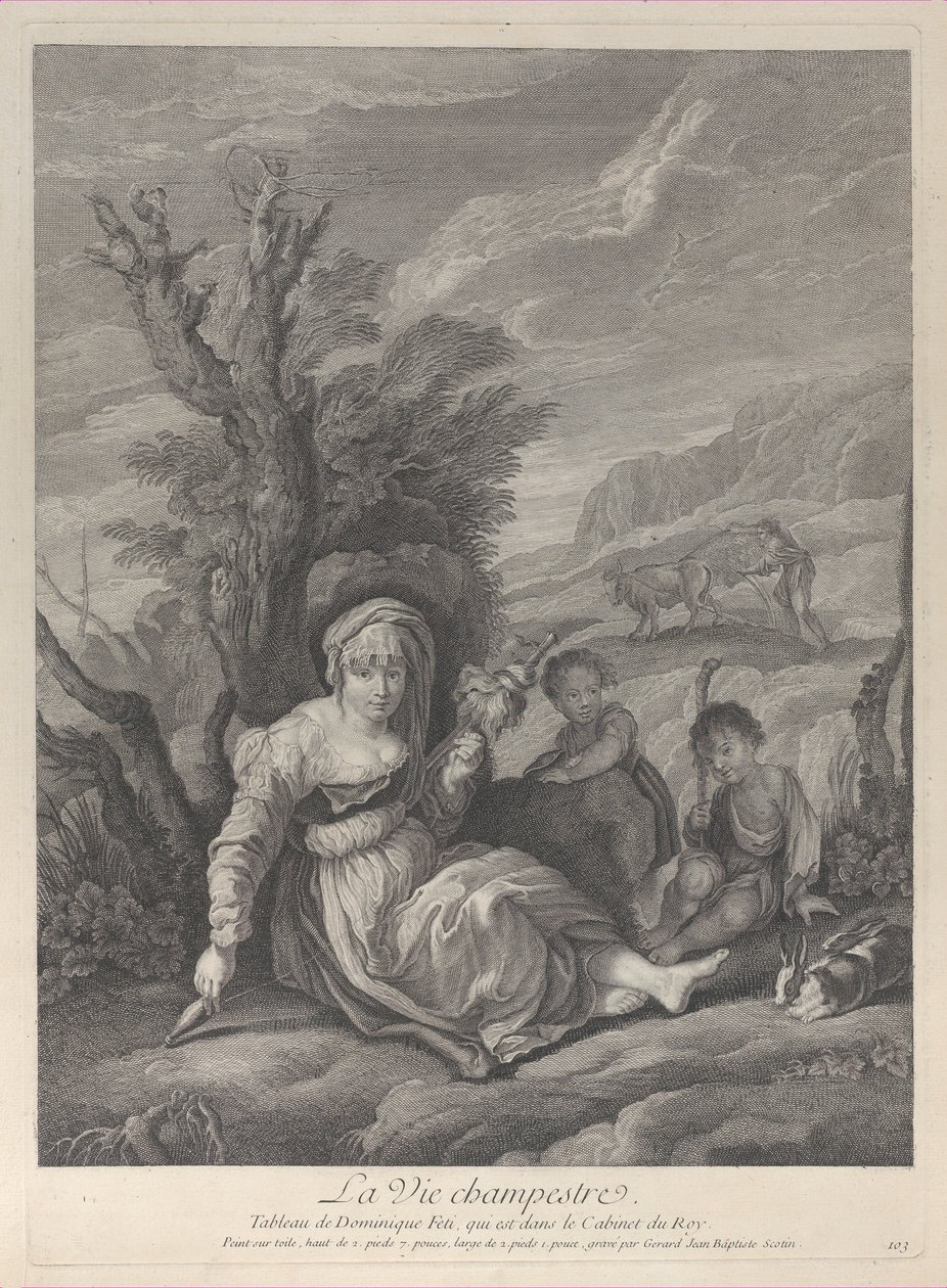 Vidéki nő ül a tájban két fiúval az oldalán, 1729-40. alkotó: Gerard Jean Baptiste Scotin