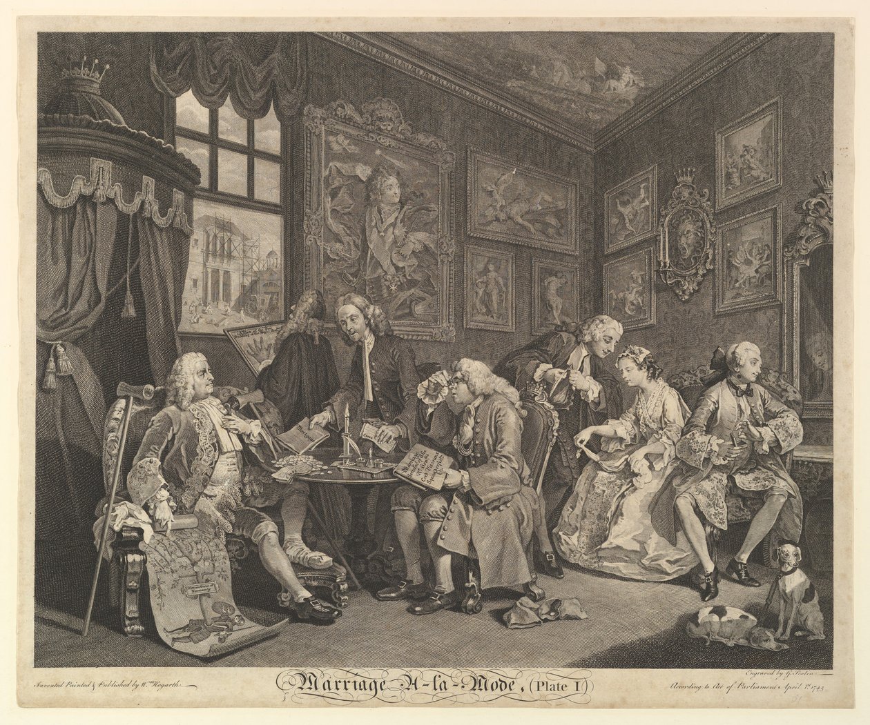 Házasság A-la-Mode, I. tábla, 1745. április 1. alkotó: Gerard Jean Baptiste Scotin
