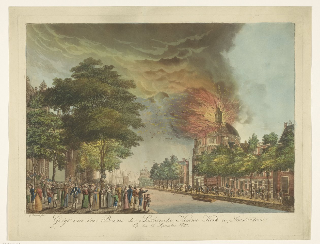 Tűz az új evangélikus templomban a Singelen Amszterdamban, 1822. szeptember 18-án Kilátás az amszterdami evangélikus új templom márkájára (cím a tárgyon) alkotó: Gerard Overman
