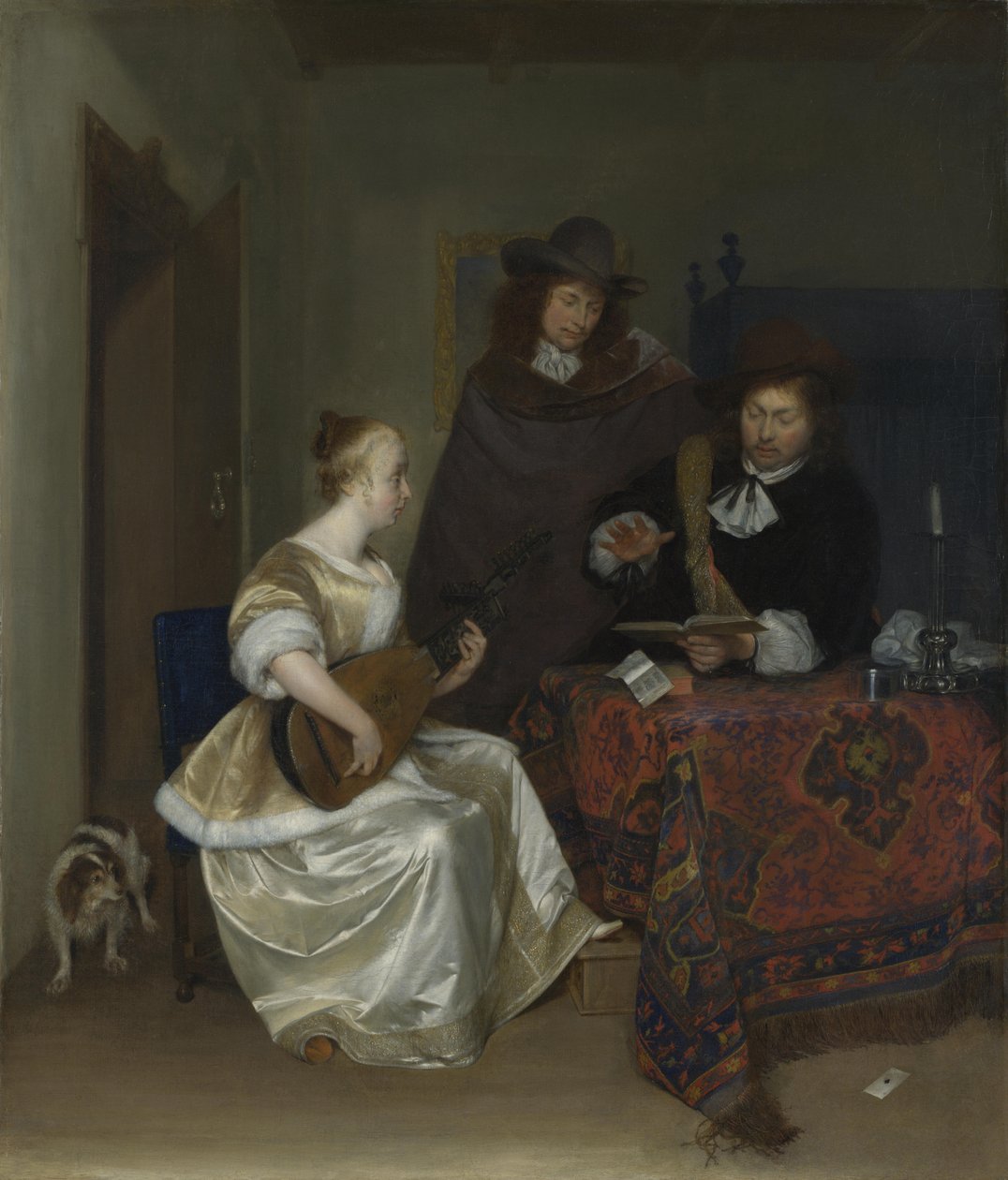 Egy nő, aki Theorbót játszik két férfinak, 1668 körül alkotó: Gerard Ter Borch the Younger