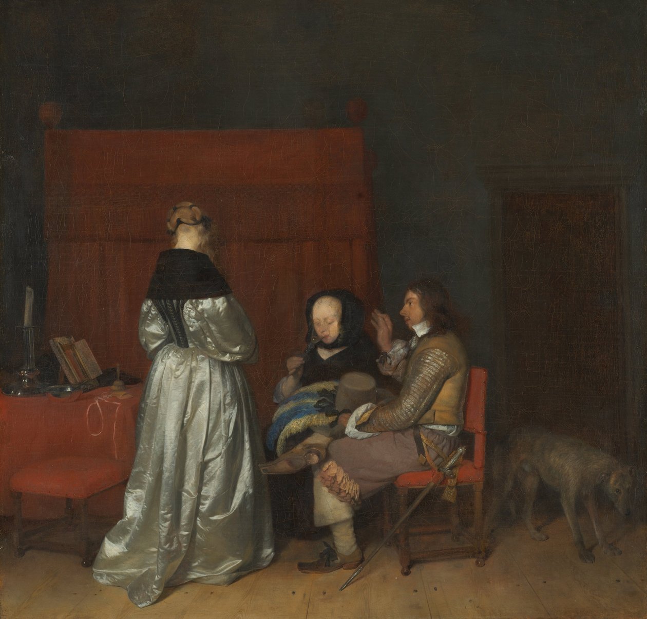 Három alak beszélget egy belső térben Az apai intés, 1654 körül alkotó: Gerard Ter Borch the Younger
