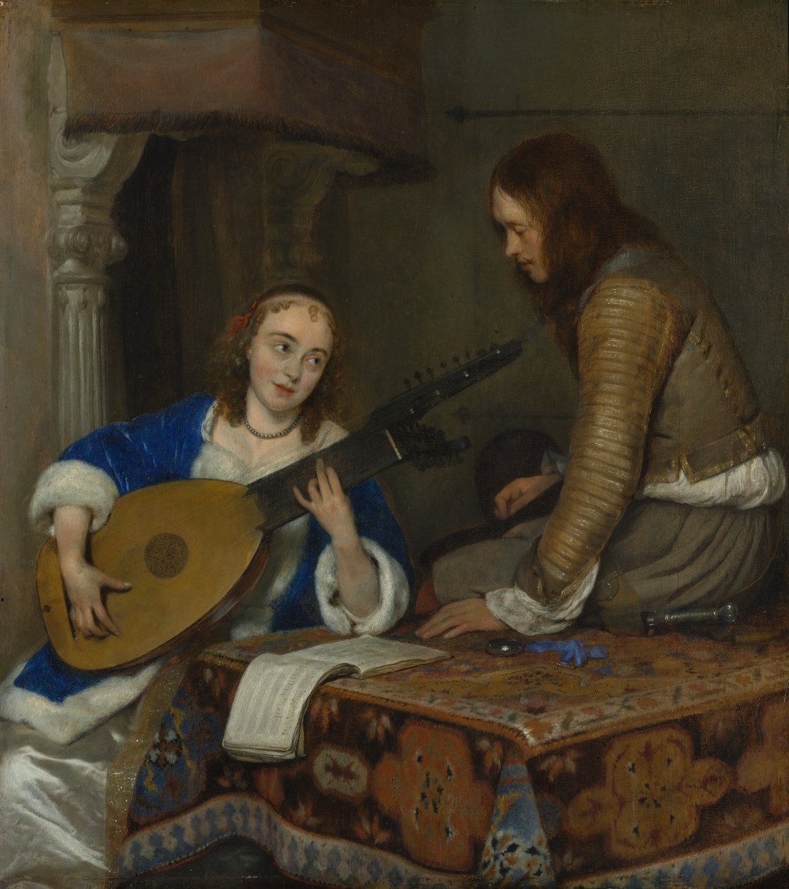 Egy Theorbo-lantot játszó nő és egy lovag, kb. 1658. alkotó: Gerard Terborch II