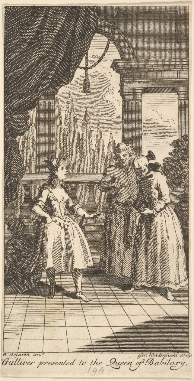 Gulliver bemutatta Babilary királynőjének, a The Travels of Mr. ... címlapját, 1730. február. alkotó: Gerard Vandergucht
