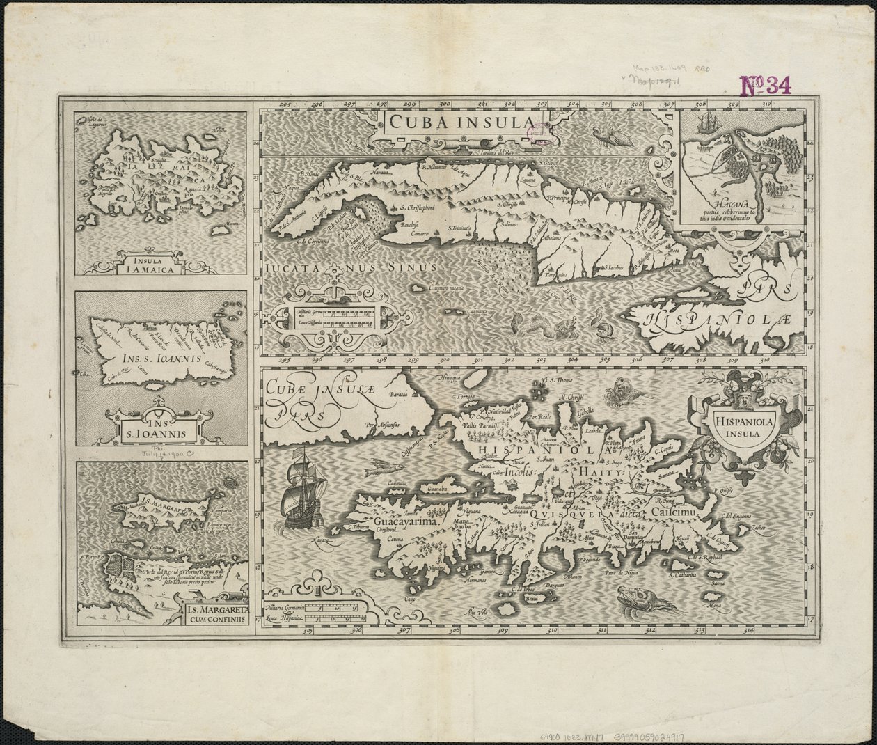 Cuba Insula ; Hispaniola Insula, Hendrik Hondius metszete, 1633 alkotó: Gerard after Mercator