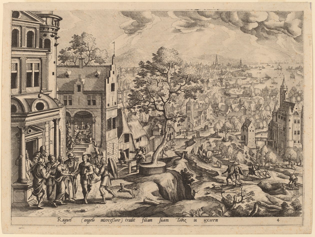 Tóbiás megérkezik a Raguel-házba alkotó: Gerard de Jode after Hans Bol