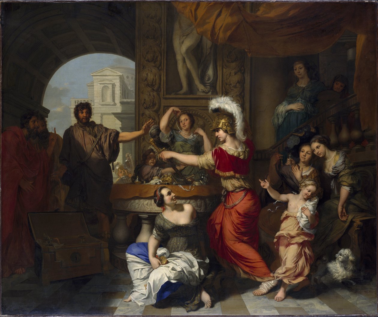 Achille decouvert par Ulysse parmi les filles de Lycomede a Skyros - Achilles fedezte fel Ulysses Lycomedes lányai között Skyrosban, Lairesse, Gerard, de (1640-1711). Olajfestmény. Mérete: 150,5x181 cm. Nemzeti Múzeum Stockholm alkotó: Gerard de Lairesse