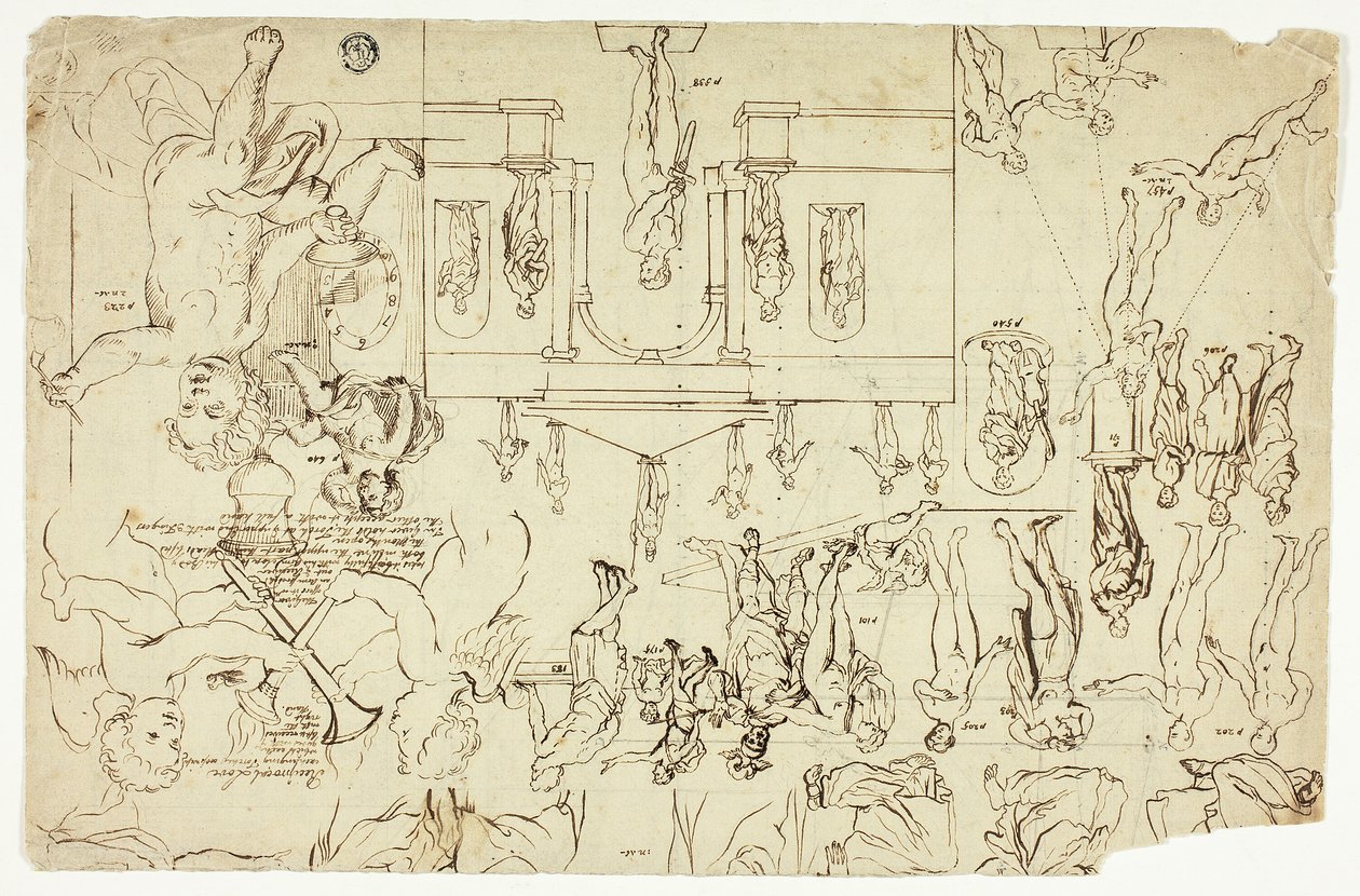 Másolatok szobrok és festmények illusztrációi után (recto); Méretek egy férfi csontvázához (verso) alkotó: Gerard de Lairesse