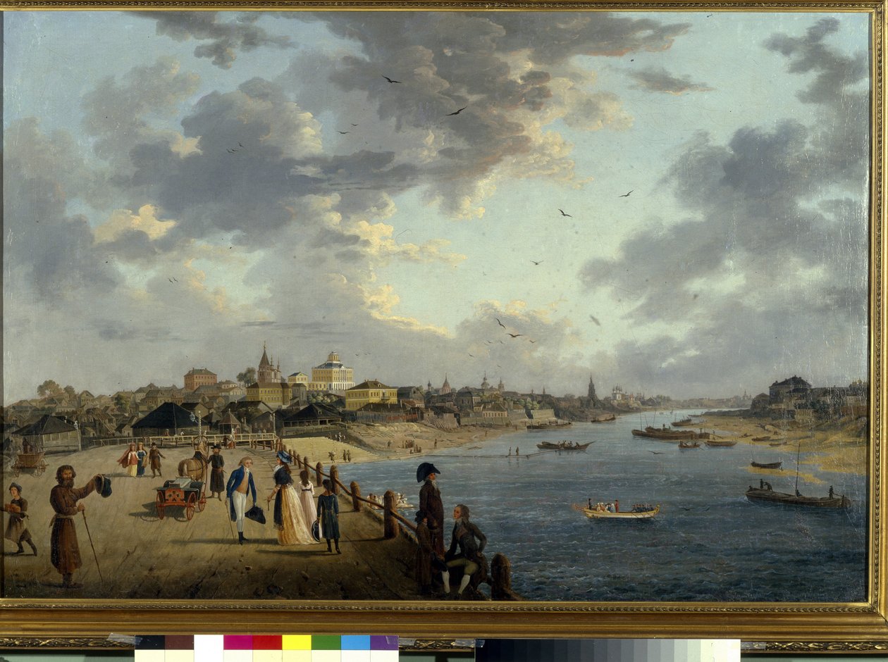A Yaouza folyó Moszkvában. (A Yauza folyó Moszkvában). Kilátás a városra és a Moszkva mellékfolyójának partjainak leírása. Gerard de la Barthe festménye (1787-1810 között), olaj, vászon, 1790 körül. Francia művészet alkotó: Gerard de la Barthe