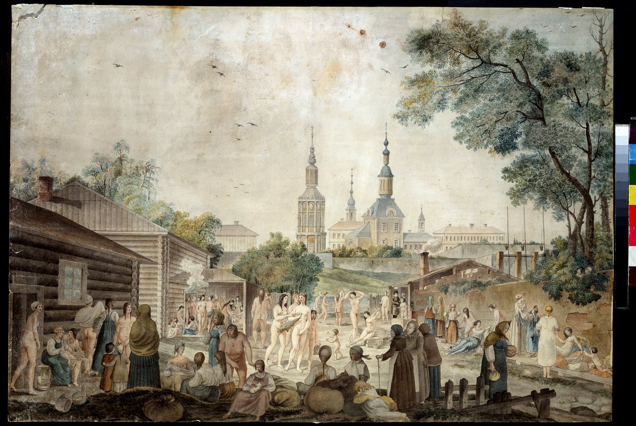 Termálkúra (Szauna) Moszkvában (Kúrafürdő Moszkvában). Gerard de la Barthe festménye (1787 és 1810 között aktív). Akvarell, papír, 45,7 x 66,7 cm, 1790 körül. 18. századi francia művészet. Magángyűjtemények múzeuma A. Puskin Szépművészeti Múzeumban A alkotó: Gerard de la Barthe