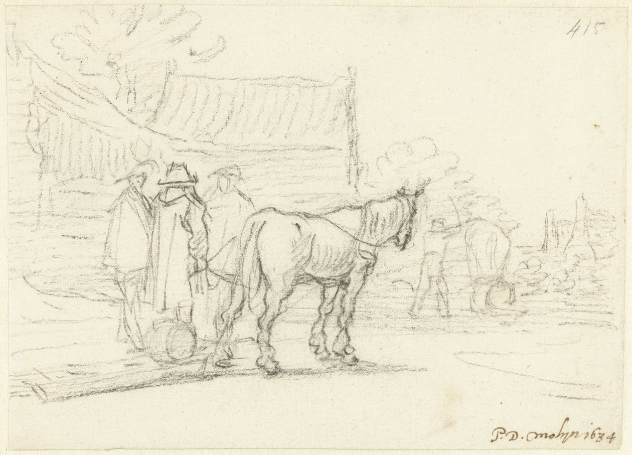 Három férfi egy ló és egy szán mellett alkotó: Gerard ter Borch (II)