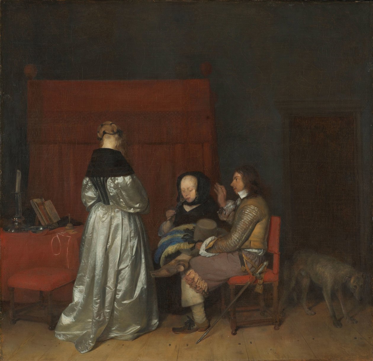 Galáns beszélgetés, az „Atyai intés” néven ismert Belső három egymással beszélgető figurával; „Atyai intés” néven ismert alkotó: Gerard ter Borch (II)
