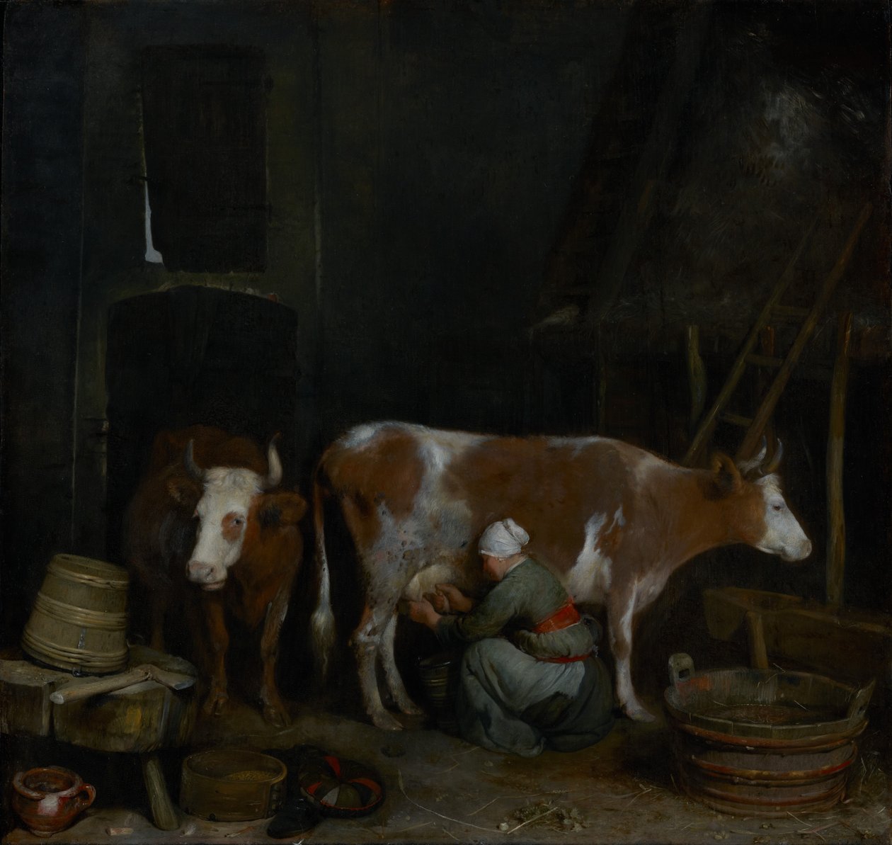 Egy szolgálólány tehenet fej egy pajtában alkotó: Gerard ter Borch