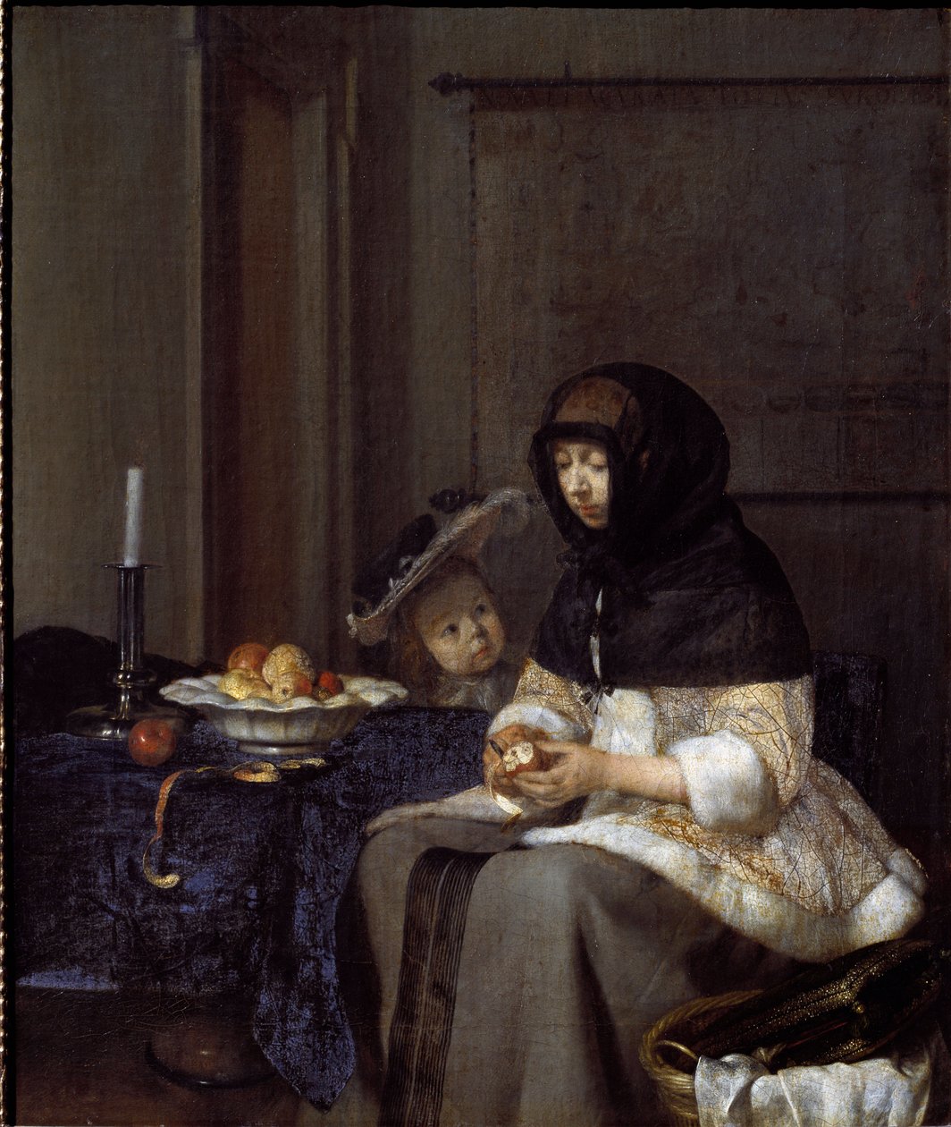 Almát hámozó anya (olaj, vászon alkotó: Gerard ter Borch