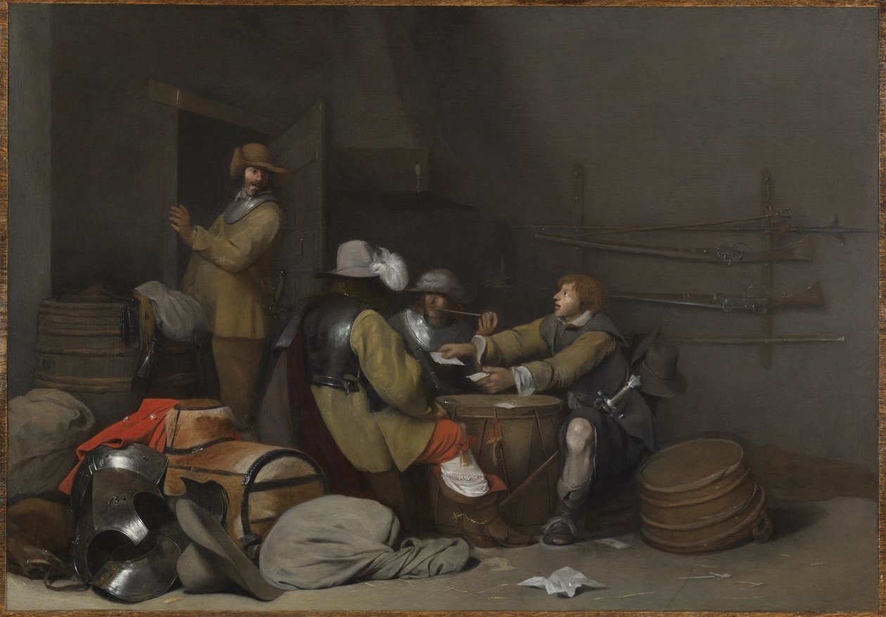 Őrszoba belső tér, dohányzó és kártyázó katonákkal alkotó: Gerard ter Borch