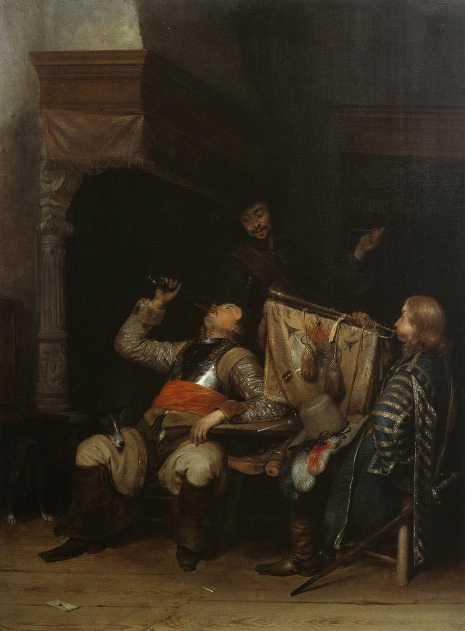 Katonák isznak, dohányoznak és zenélnek egy belső térben alkotó: Gerard ter Borch