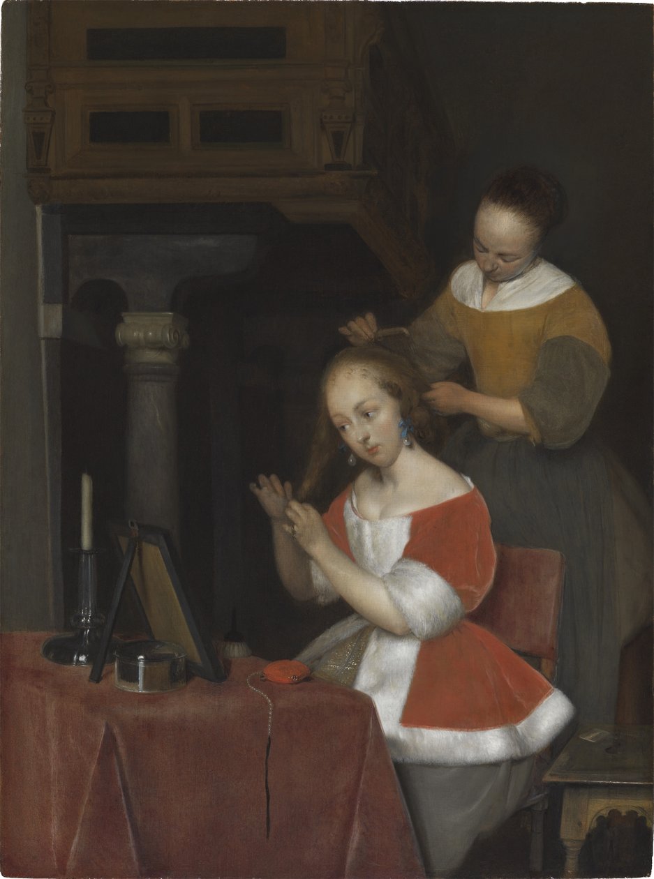 Nő ül a vécéjénél alkotó: Gerard ter Borch