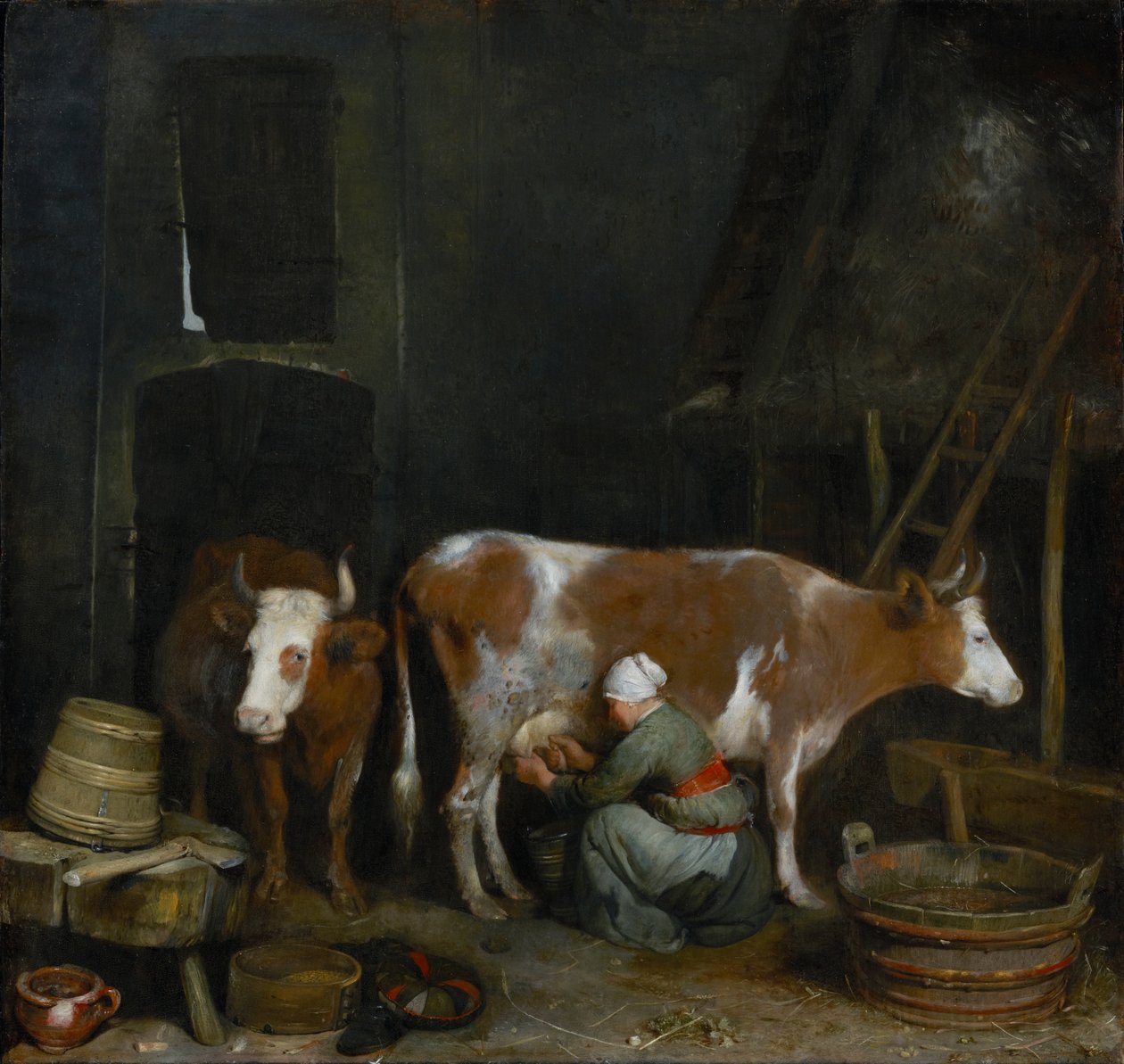 Tehenet fejő szobalány a pajtában, 1652-54 körül (olaj, tábla) alkotó: Gerard ter Borch