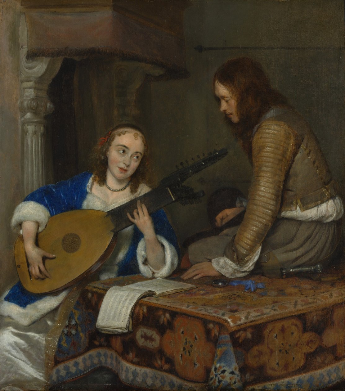 Egy Theorbo-lantot játszó nő és egy lovag, 1658 körül alkotó: Gerard ter Borch