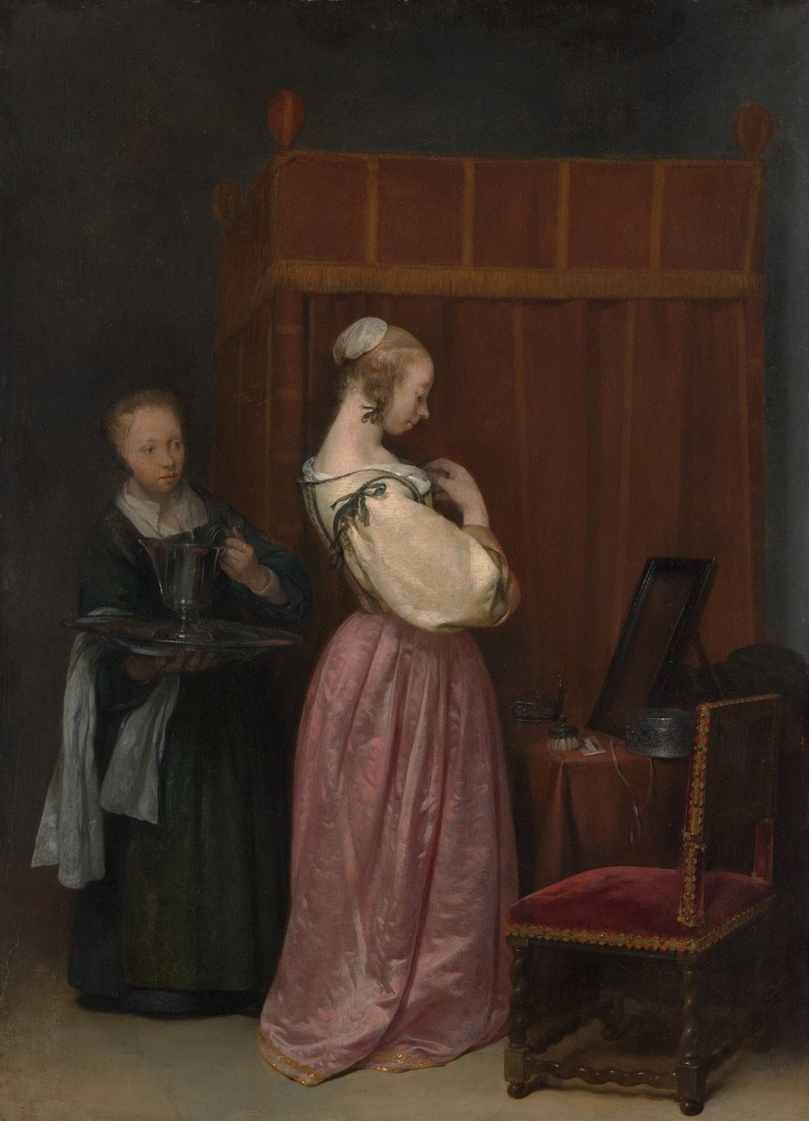Egy fiatal nő a vécéjében szobalánnyal, 1650-51 körül alkotó: Gerard ter Borch