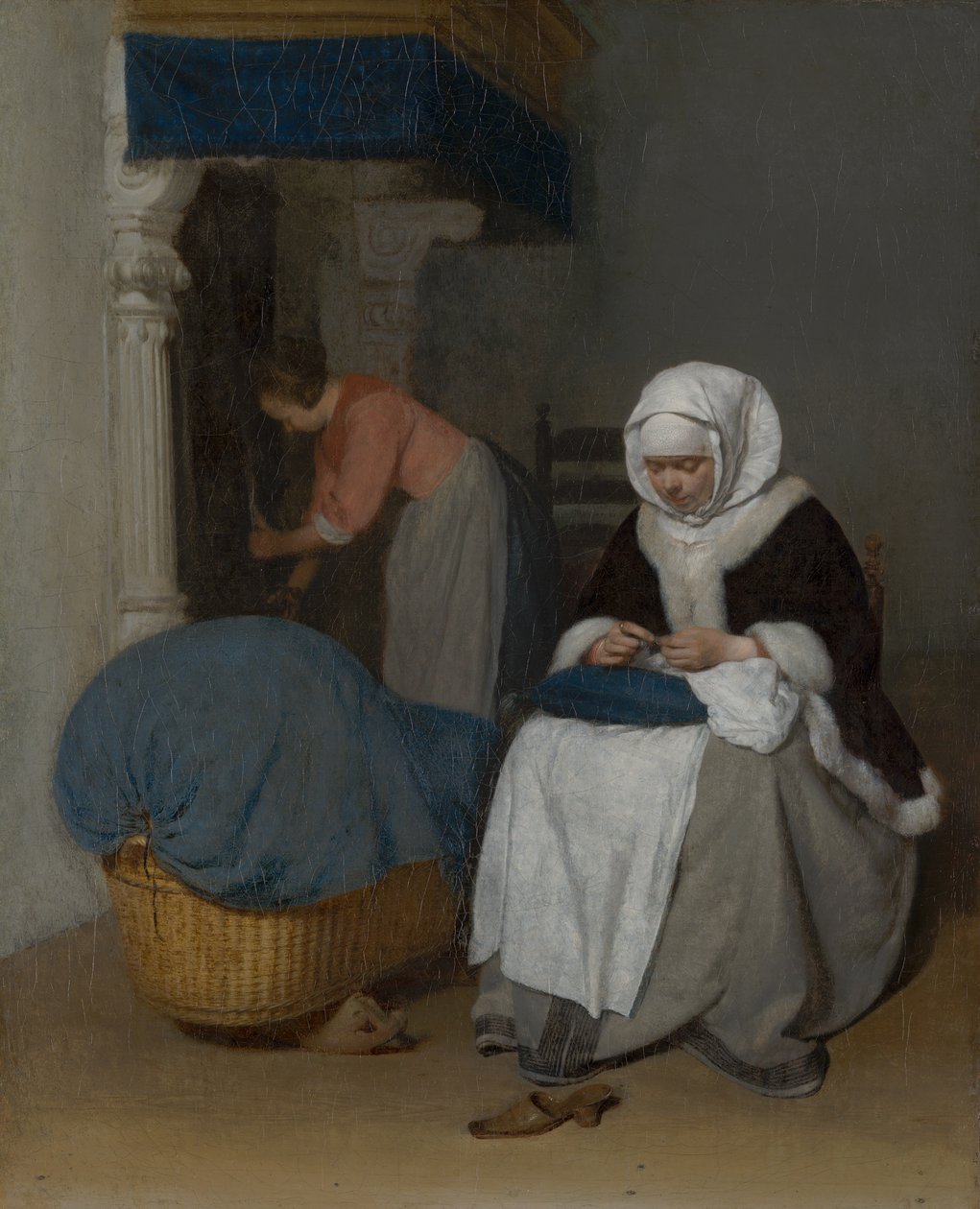 Bölcső mellett varró nő, 1656 körül alkotó: Gerard ter Borch